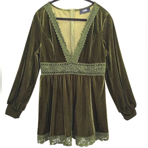 Cider Dresses & Skirts - Cider Green Velvet & crochet trim V-neck lantern babydoll top tunic dress XL